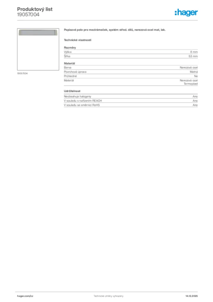 Obrázek Hager Product data sheet 19057004 | Hager