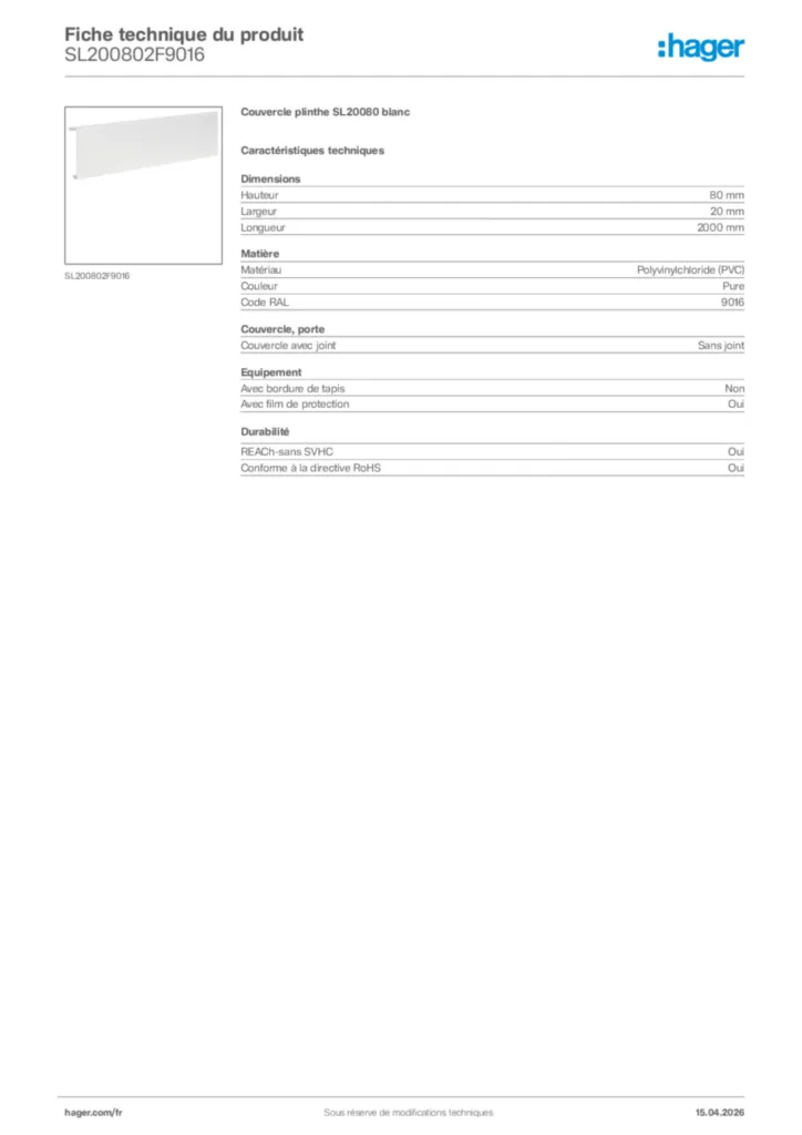 Image Hager Fiche technique du produit SL200802F9016 | Hager France