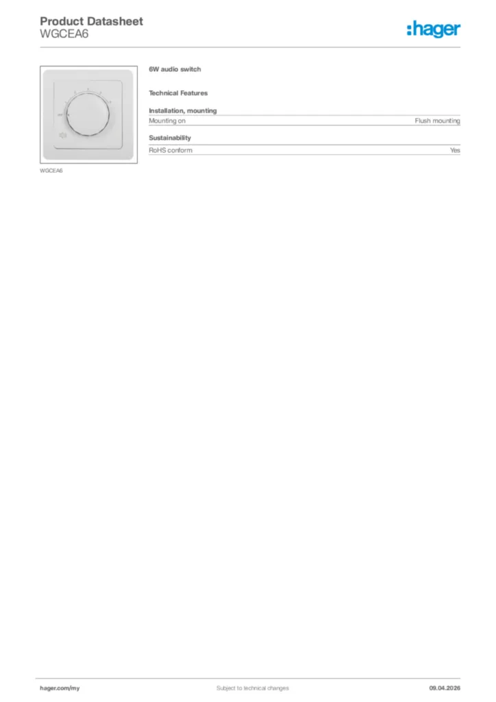 Image Hager Product data sheet WGCEA6  | Hager