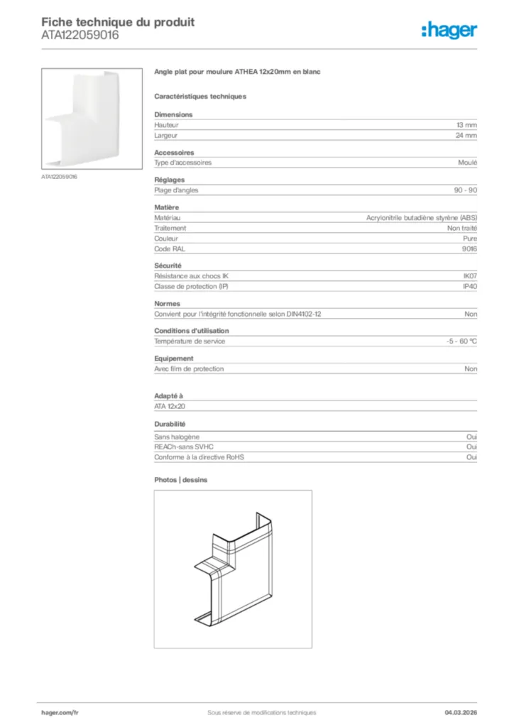 Image Hager Fiche technique du produit ATA122059016 | Hager France