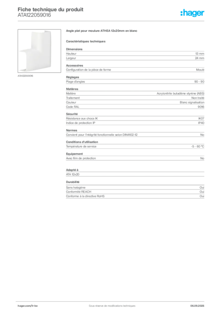 Image Hager Fiche technique du produit ATA122059016 | Hager Belgique
