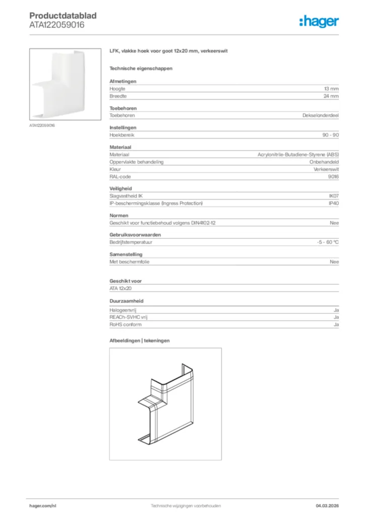 Afbeelding Hager Productdatablad ATA122059016 | Hager Nederland