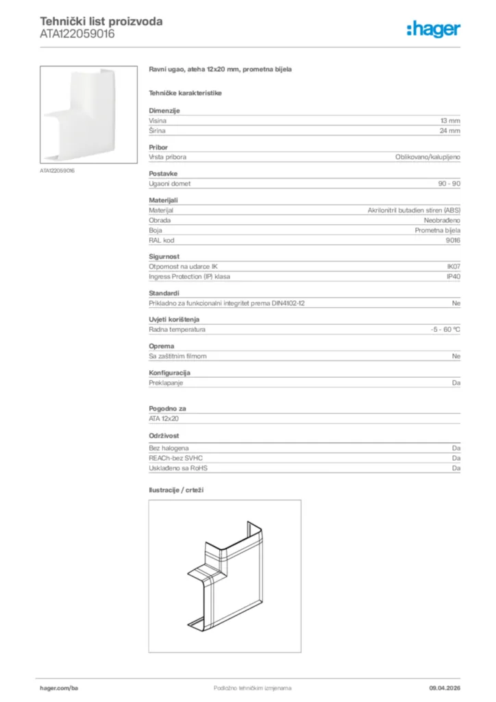Slika Hager Tehnički list proizvoda ATA122059016  | Hager