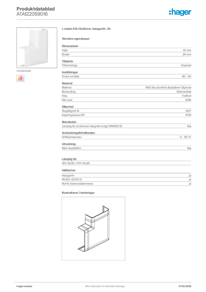 Bild Hager Produktdatablad ATA122059016 | Hager Sverige