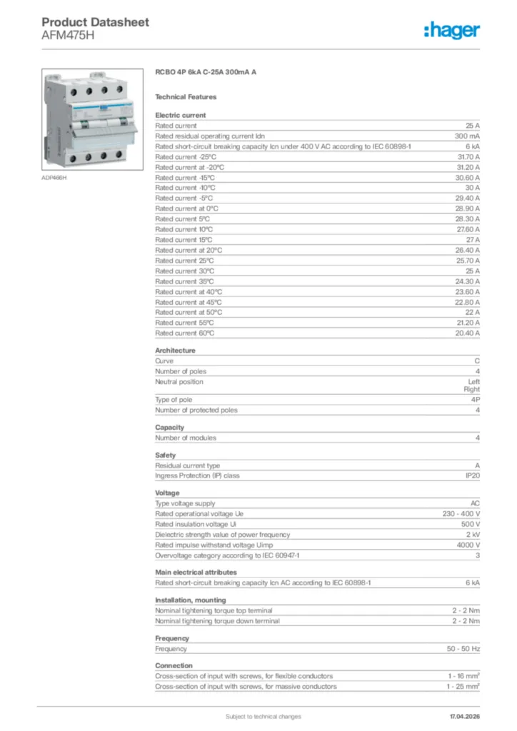 Image Hager Product data sheet AFM475H  | Hager Africa
