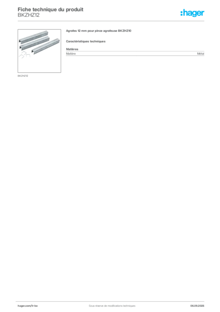Image Hager Fiche technique du produit BKZHZ12 | Hager Belgique