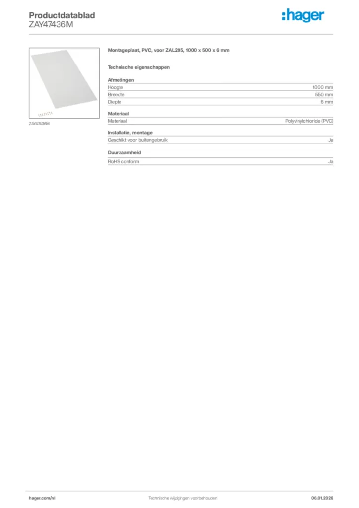 Afbeelding Hager Productdatablad ZAY47436M | Hager Nederland