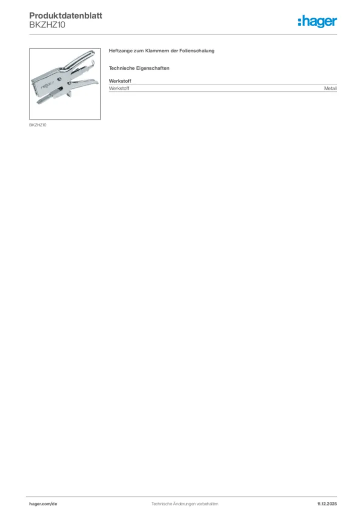 Bild Hager Produktdatenblatt BKZHZ10 | Hager Deutschland