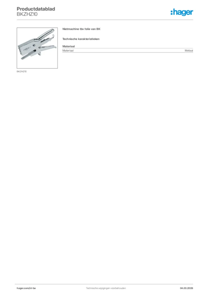 Afbeelding Hager Productdatablad BKZHZ10 | Hager Belgium