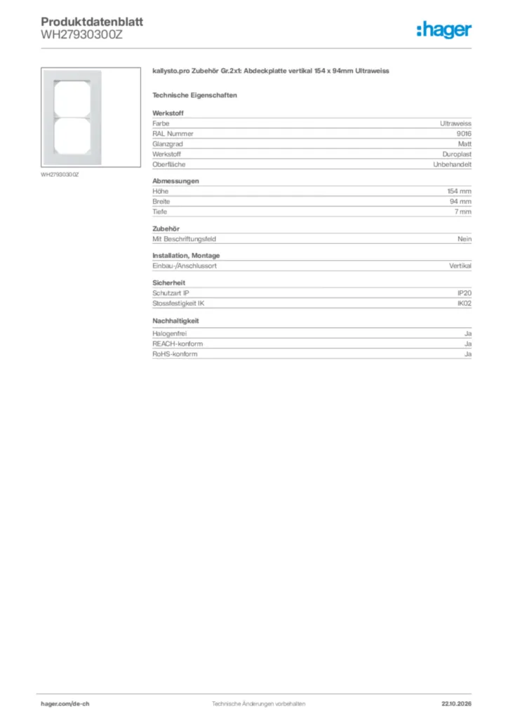 Bild Hager Produktdatenblatt WH27930300Z | Hager Schweiz
