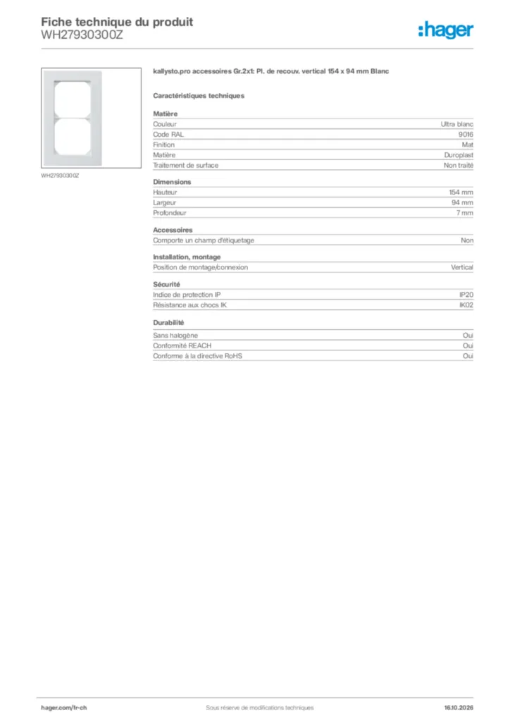 Image Hager Fiche technique du produit WH27930300Z | Hager Suisse