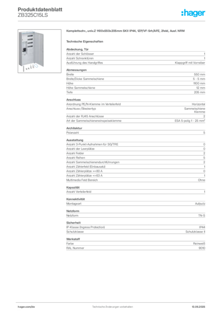 Bild Hager Produktdatenblatt ZB325C15LS | Hager Deutschland