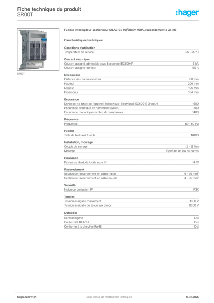 Image Hager Fiche technique du produit SR00T | Hager Suisse