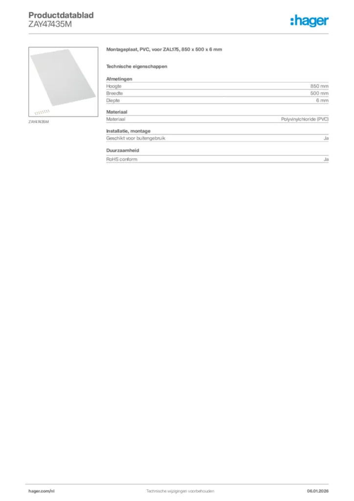 Afbeelding Hager Productdatablad ZAY47435M | Hager Nederland