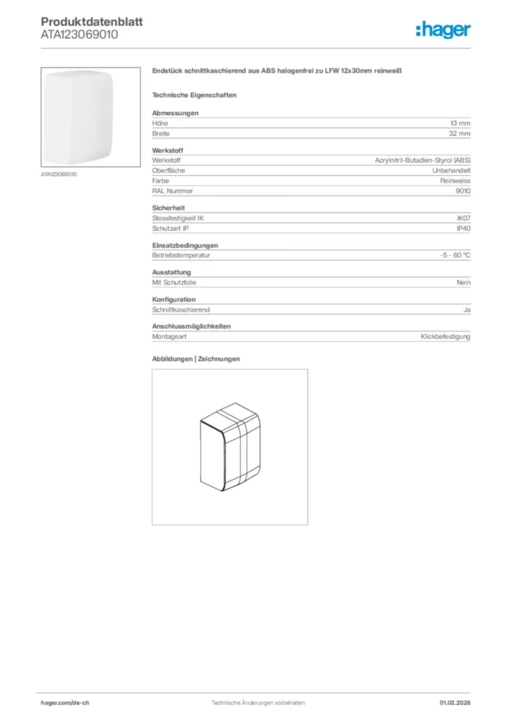Bild Hager Produktdatenblatt ATA123069010 | Hager Schweiz