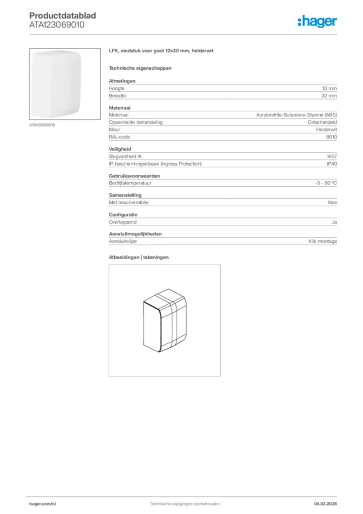 Afbeelding Hager Productdatablad ATA123069010 | Hager Nederland