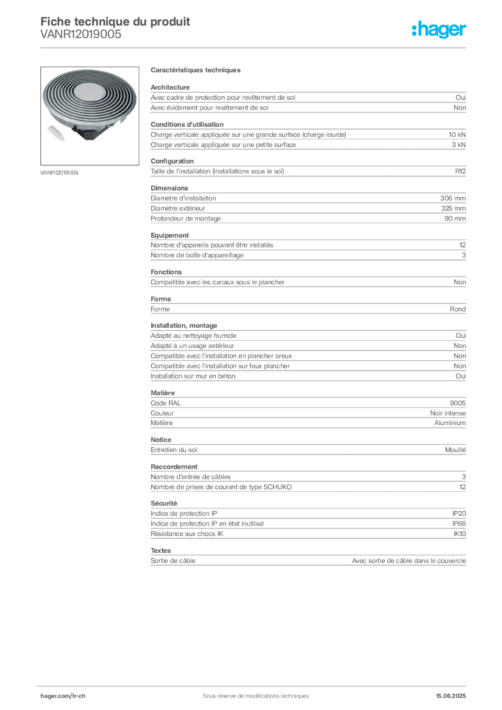 Image Hager Fiche technique du produit VANR12019005 | Hager Suisse