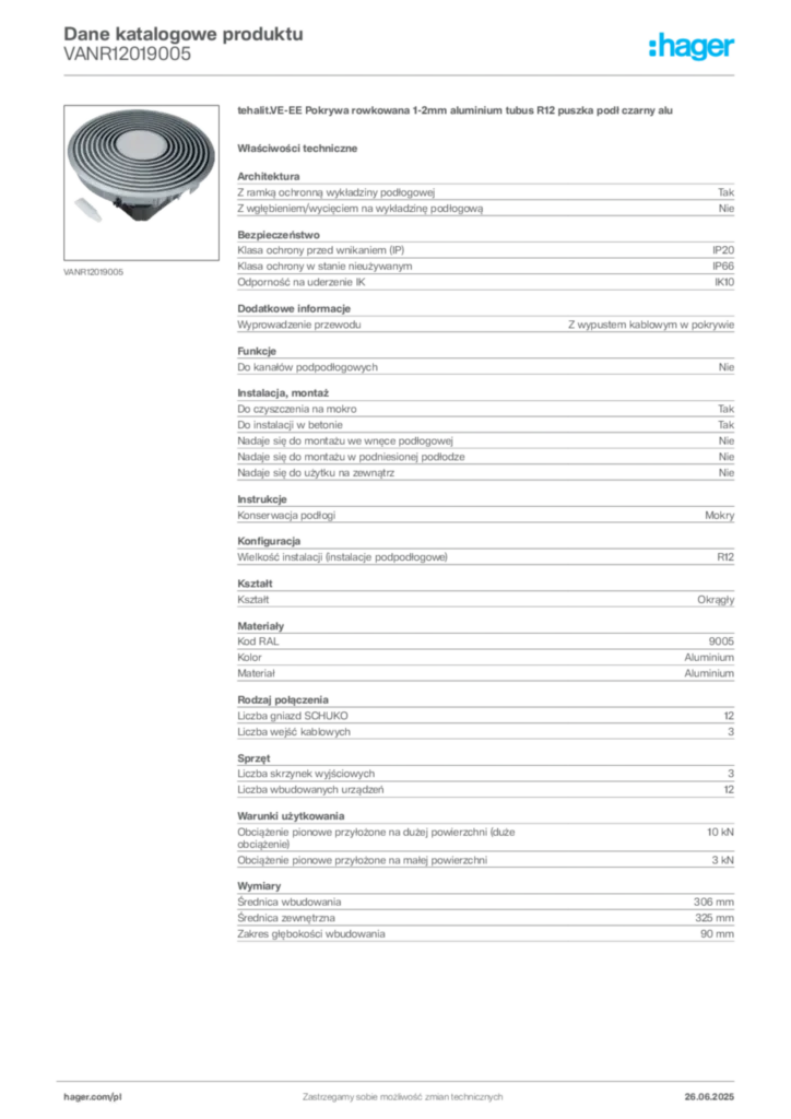 Zdjęcie Hager Dane katalogowe produktu VANR12019005 | Hager Polska