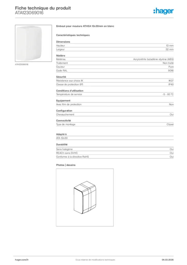 Image Hager Fiche technique du produit ATA123069016 | Hager France