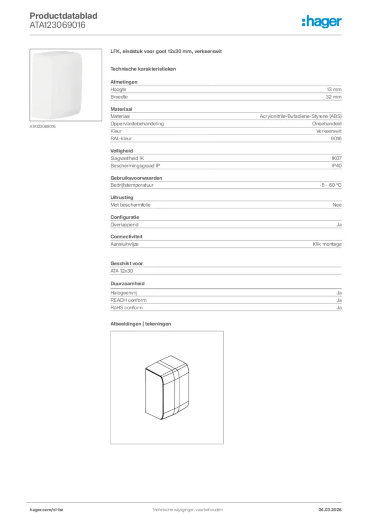 Afbeelding Hager Productdatablad ATA123069016 | Hager Belgium
