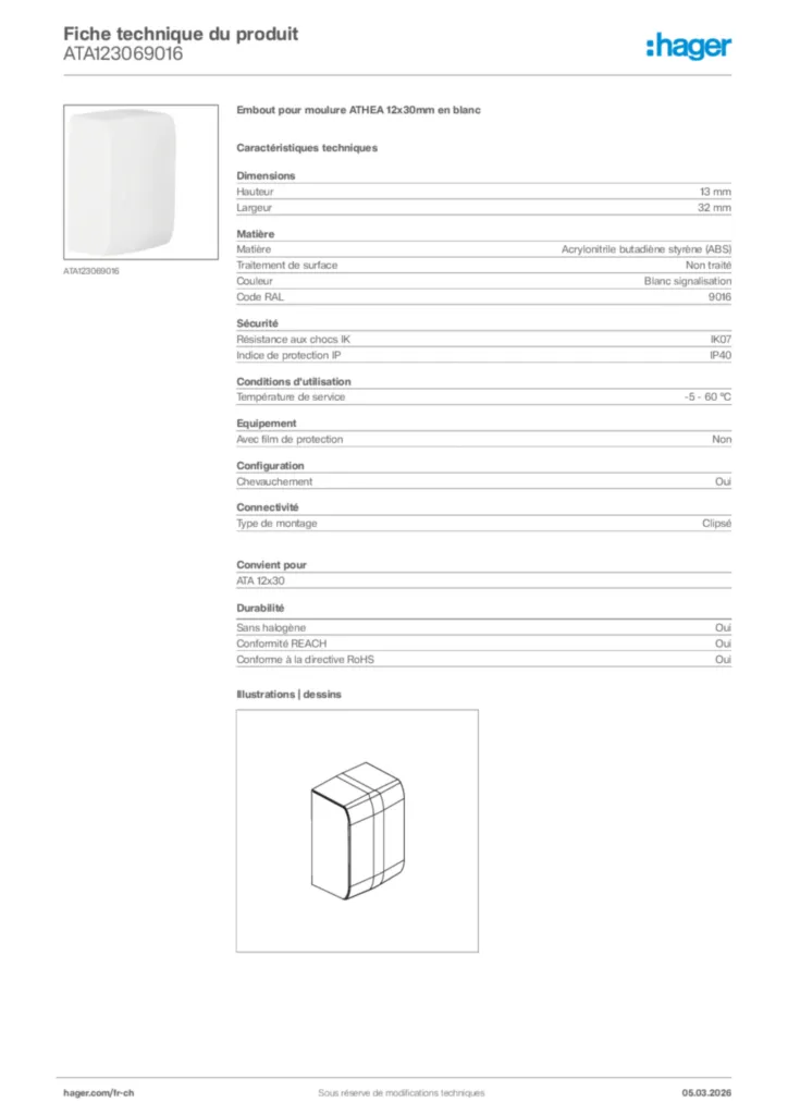 Image Hager Fiche technique du produit ATA123069016 | Hager Suisse