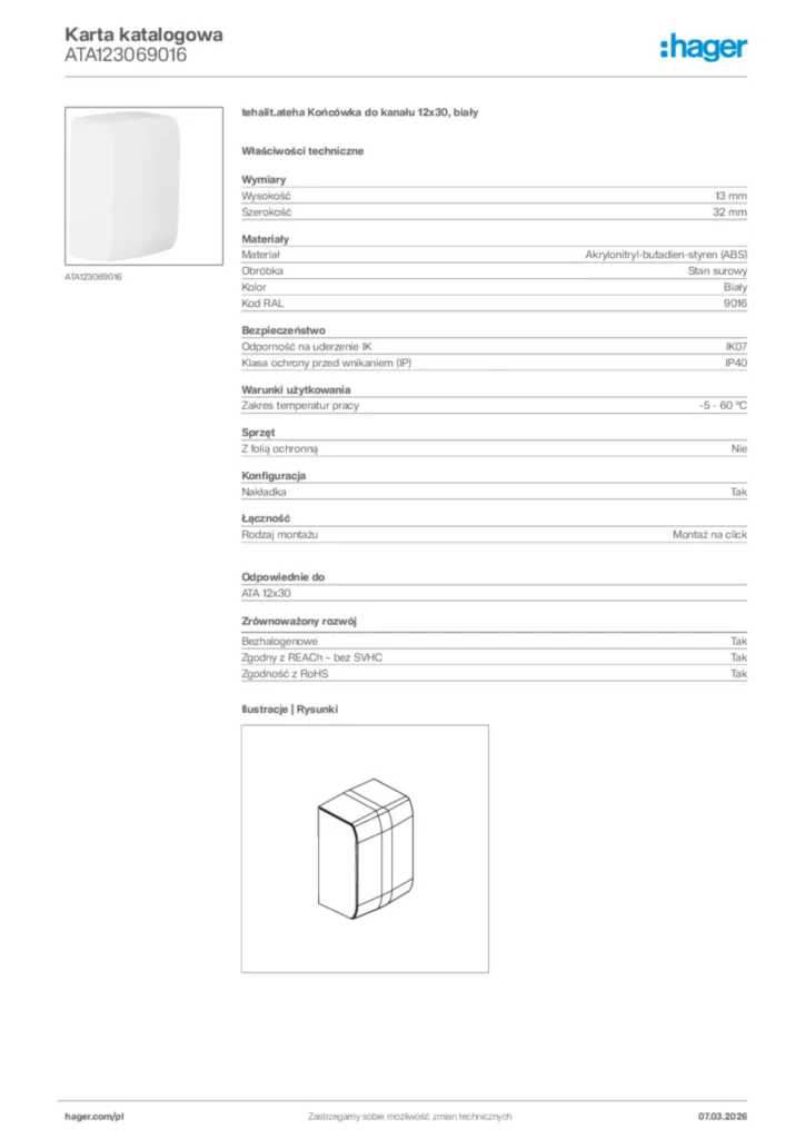 Zdjęcie Hager Karta katalogowa ATA123069016 | Hager Polska