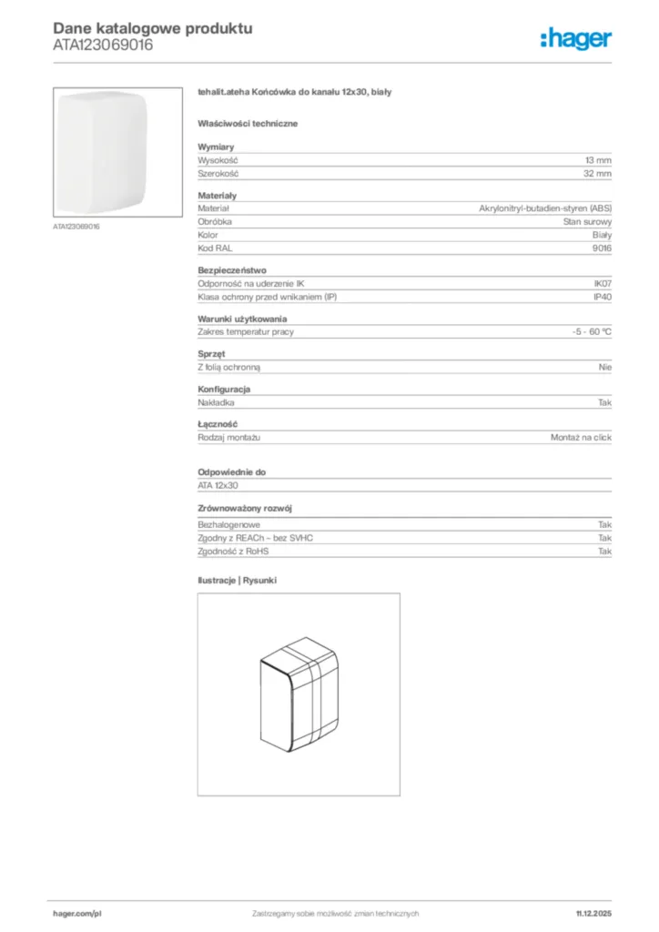 Zdjęcie Hager Dane katalogowe produktu ATA123069016 | Hager Polska