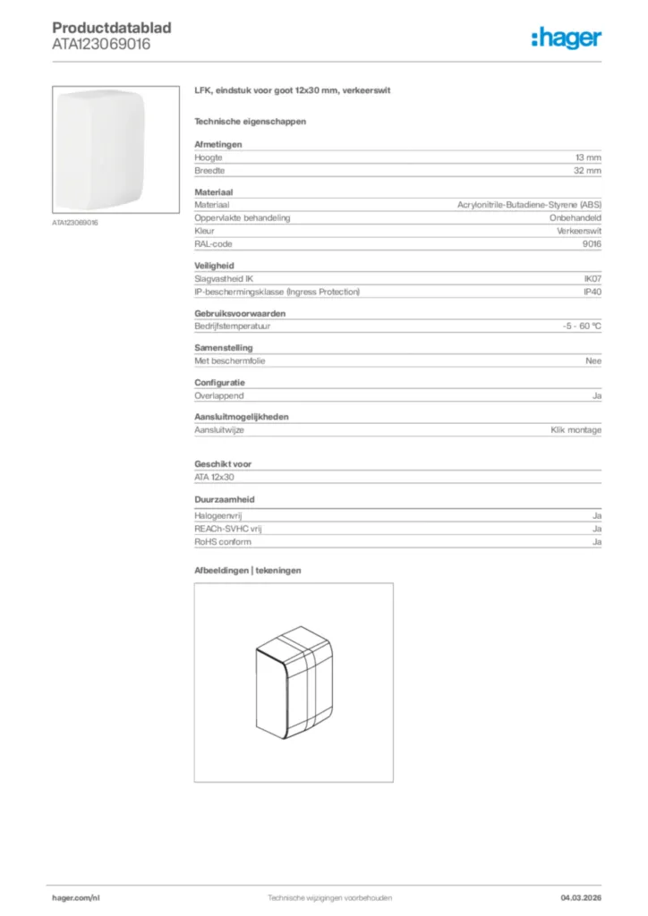 Afbeelding Hager Productdatablad ATA123069016 | Hager Nederland