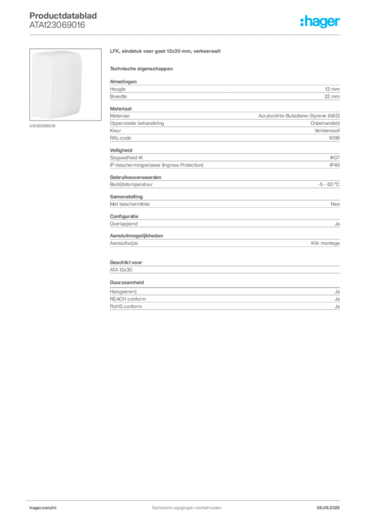 Afbeelding Hager Productdatablad ATA123069016 | Hager Nederland