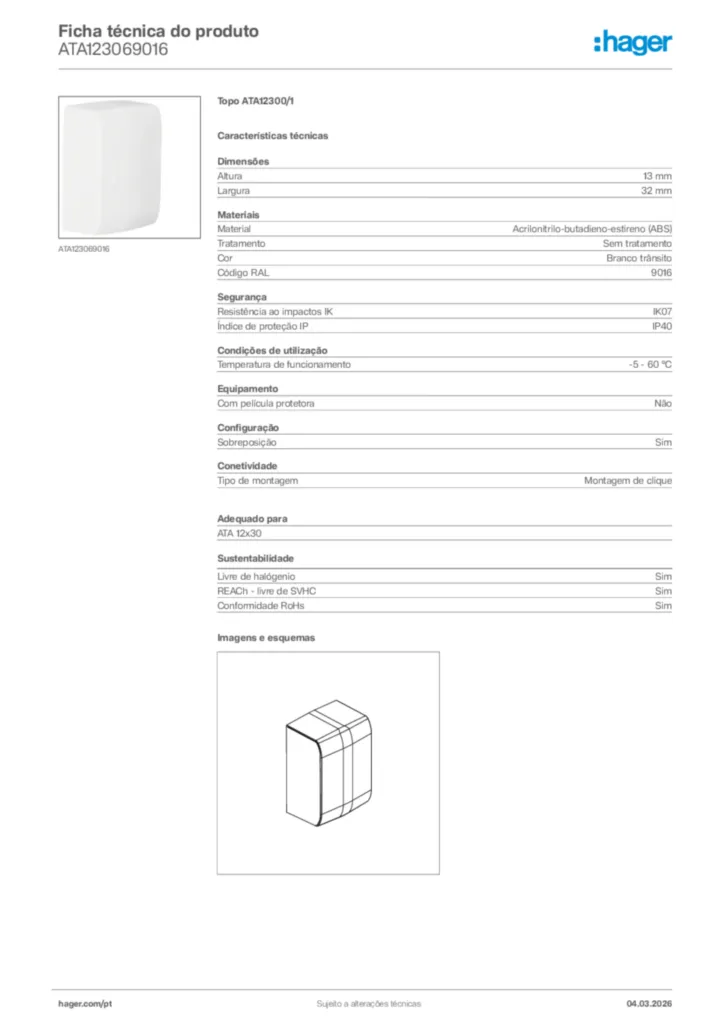 Imagem Hager Ficha técnica do produto ATA123069016 | Hager Portugal