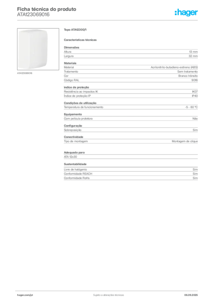 Imagem Hager Ficha técnica do produto ATA123069016 | Hager Portugal