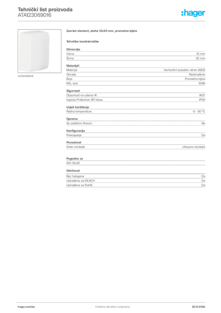 Slika Hager Product data sheet ATA123069016  | Hager