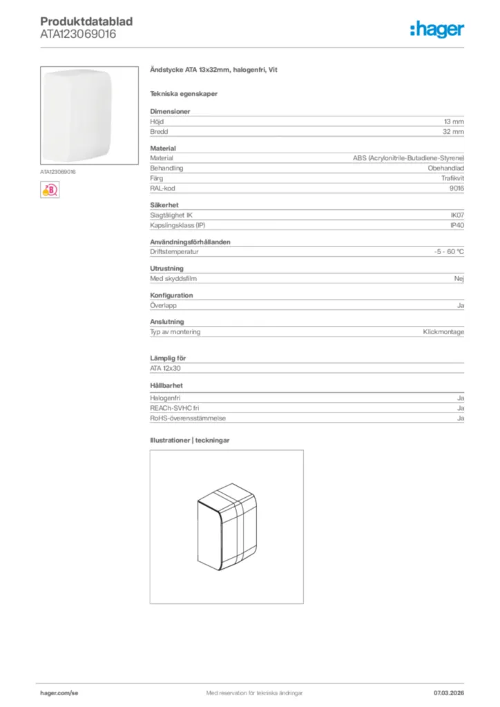 Bild Hager Produktdatablad ATA123069016 | Hager Sverige