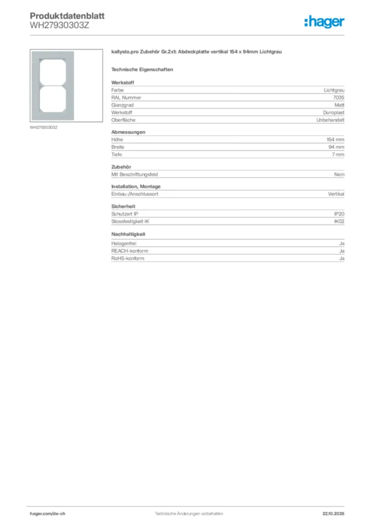 Bild Hager Produktdatenblatt WH27930303Z | Hager Schweiz