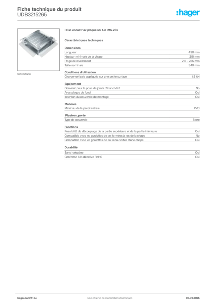 Image Hager Fiche technique du produit UDB3215265 | Hager Belgique