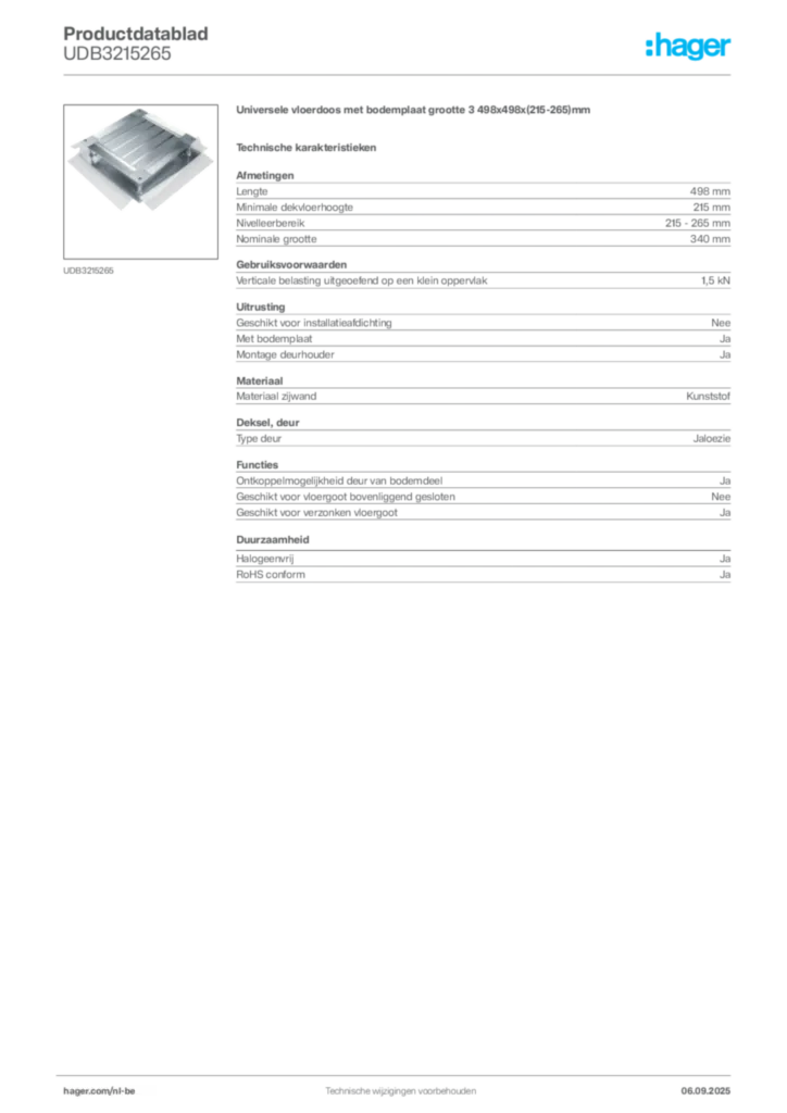 Afbeelding Hager Productdatablad UDB3215265 | Hager Belgium