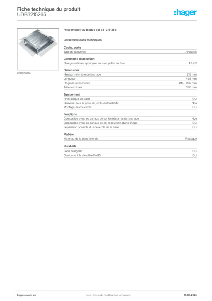 Image Hager Fiche technique du produit UDB3215265 | Hager Suisse