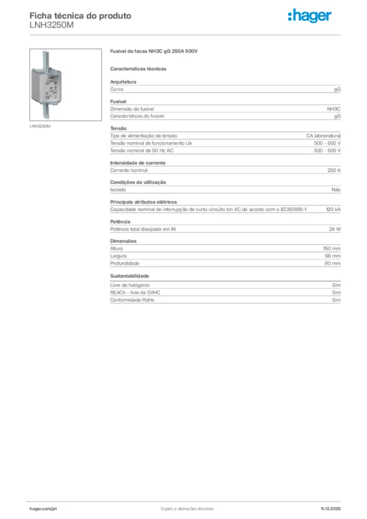 Imagem Hager Ficha técnica do produto LNH3250M | Hager Portugal