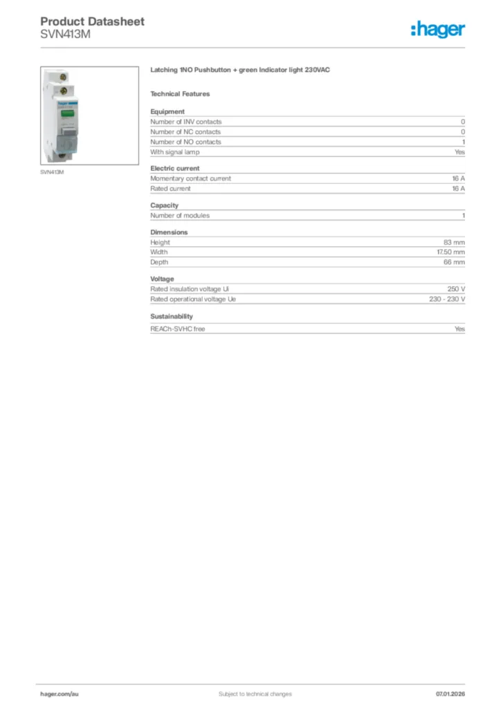 Image Hager Product data sheet SVN413M  | Hager Australia
