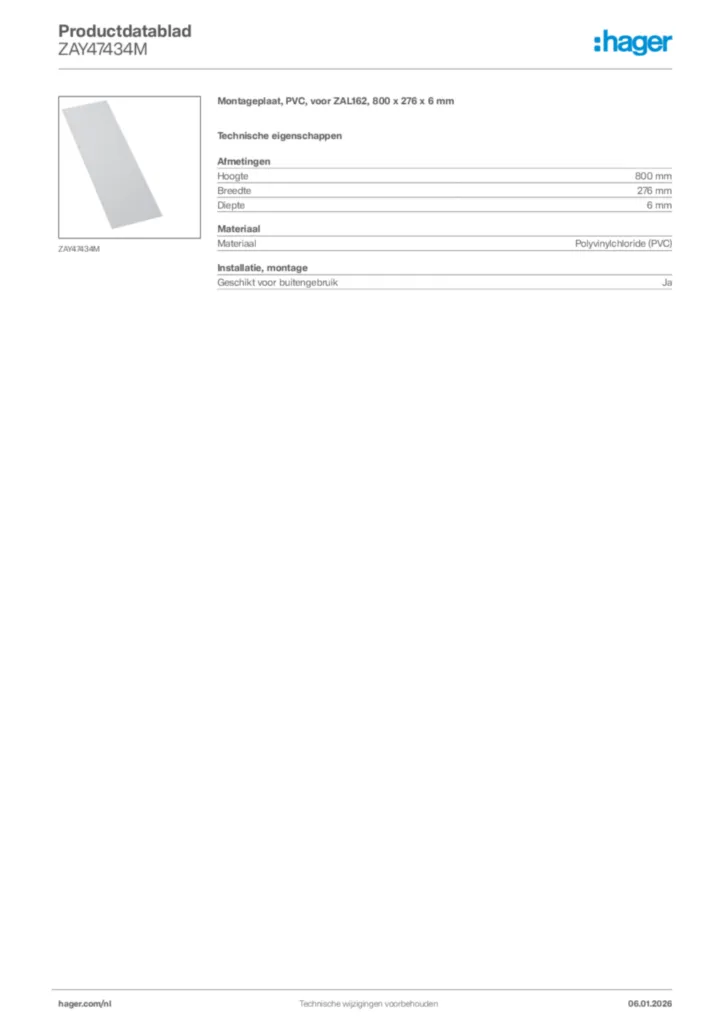 Afbeelding Hager Productdatablad ZAY47434M | Hager Nederland