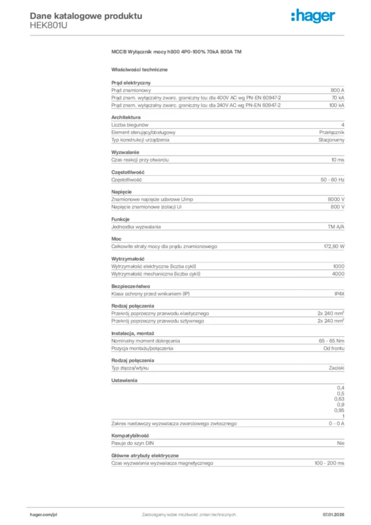 Zdjęcie Hager Karta katalogowa HEK801U | Hager Polska