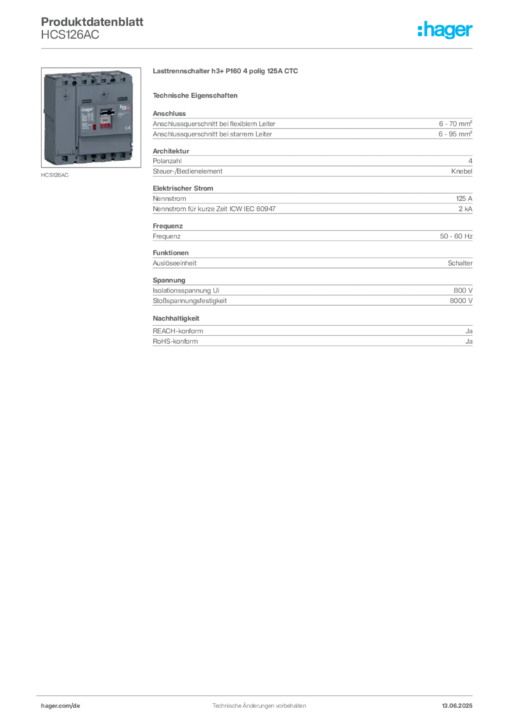 Bild Hager Produktdatenblatt HCS126AC | Hager Deutschland