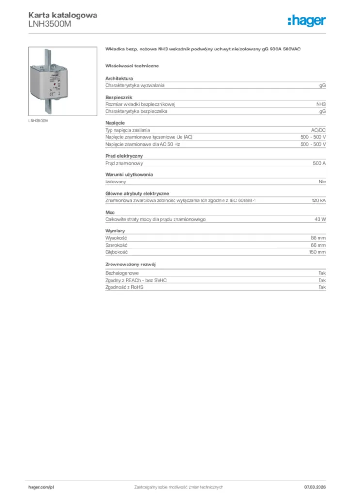 Zdjęcie Hager Karta katalogowa LNH3500M | Hager Polska