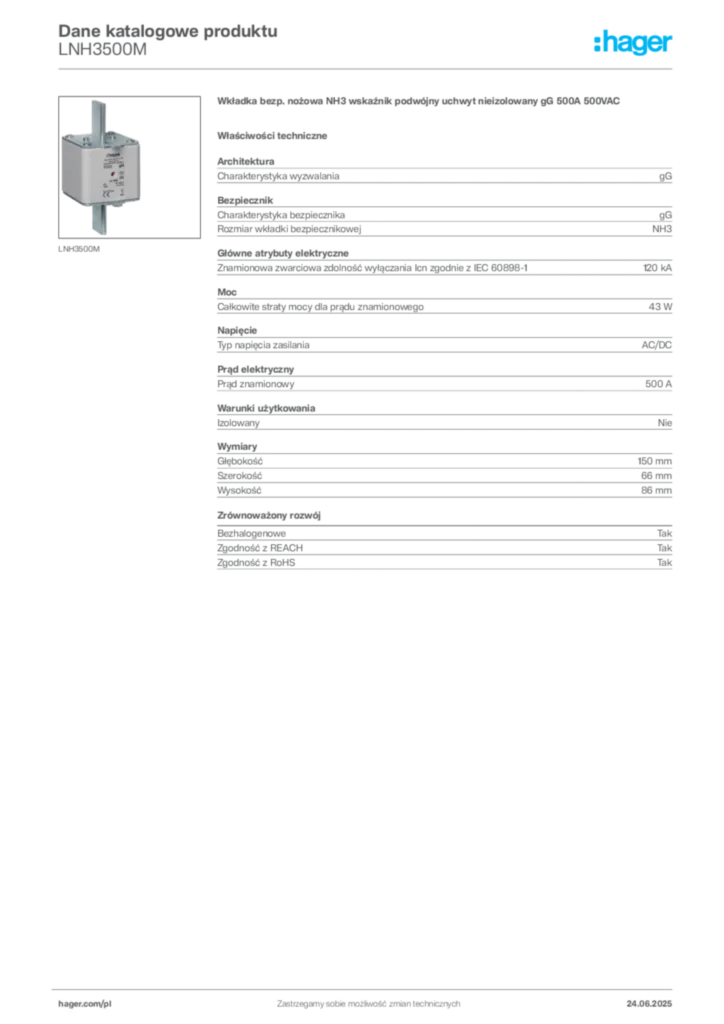 Zdjęcie Hager Dane katalogowe produktu LNH3500M | Hager Polska