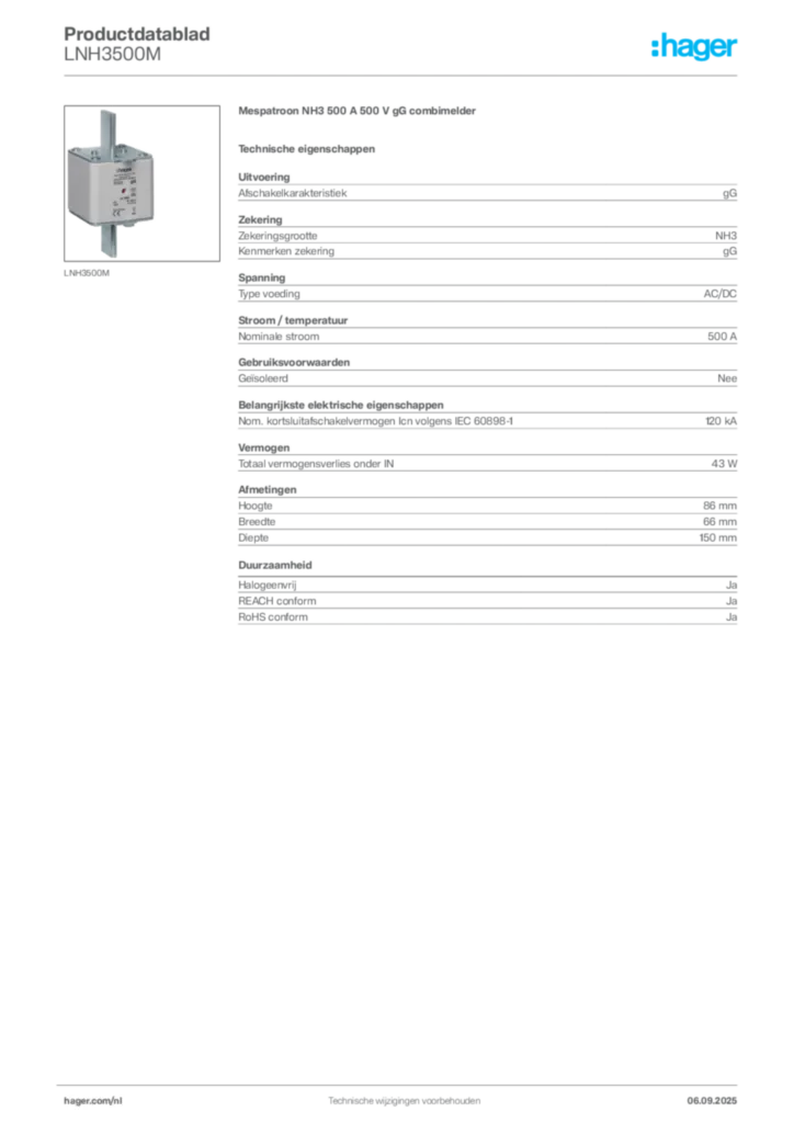 Afbeelding Hager Productdatablad LNH3500M | Hager Nederland