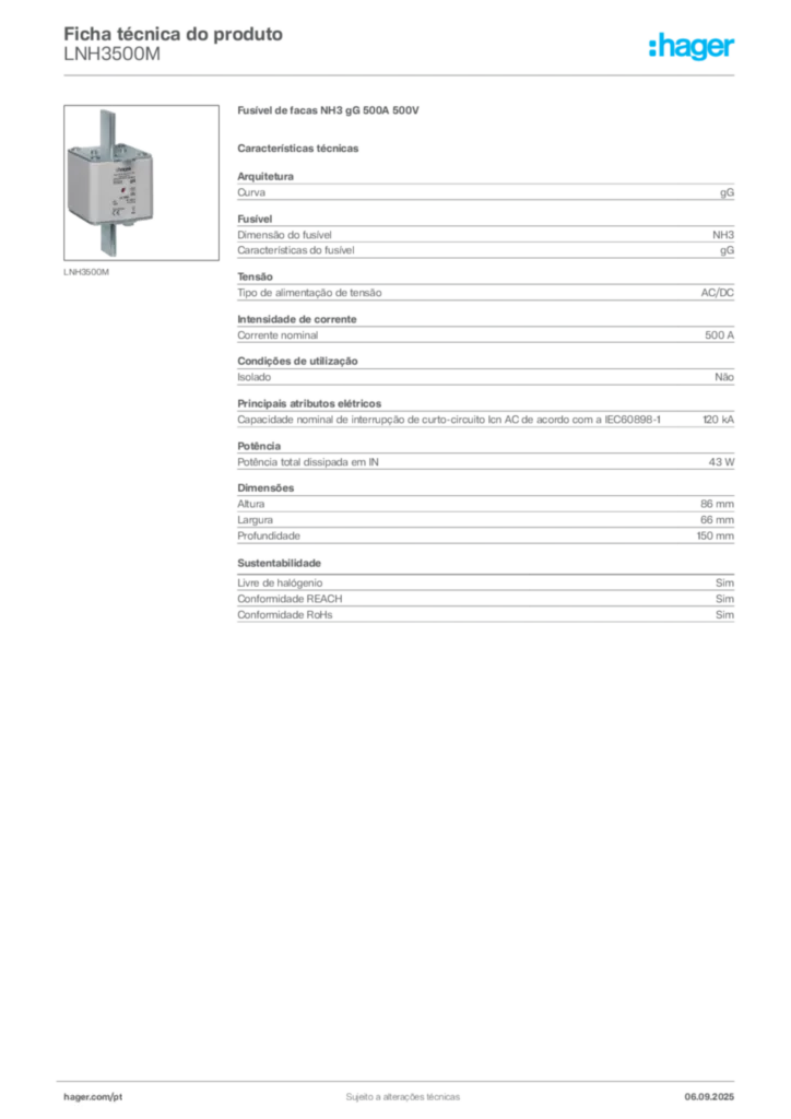 Imagem Hager Ficha técnica do produto LNH3500M | Hager Portugal