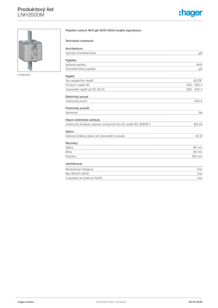 Obrázek Hager Product data sheet LNH3500M | Hager
