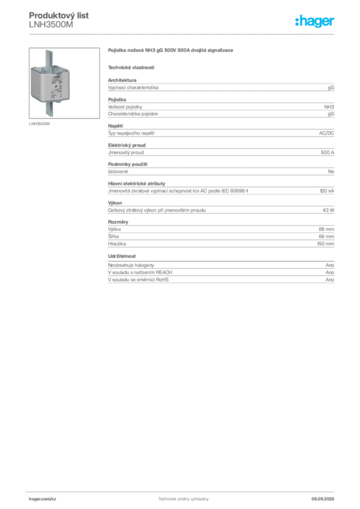 Obrázek Hager Produktový list LNH3500M | Hager