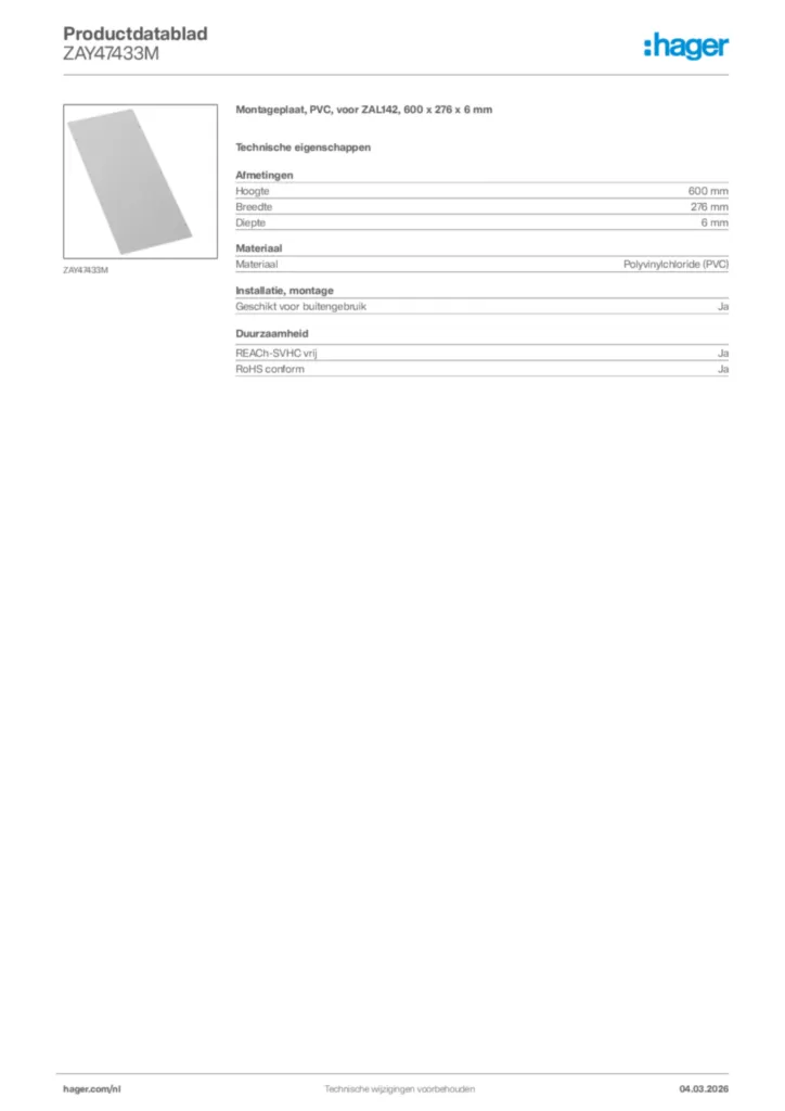 Afbeelding Hager Productdatablad ZAY47433M | Hager Nederland