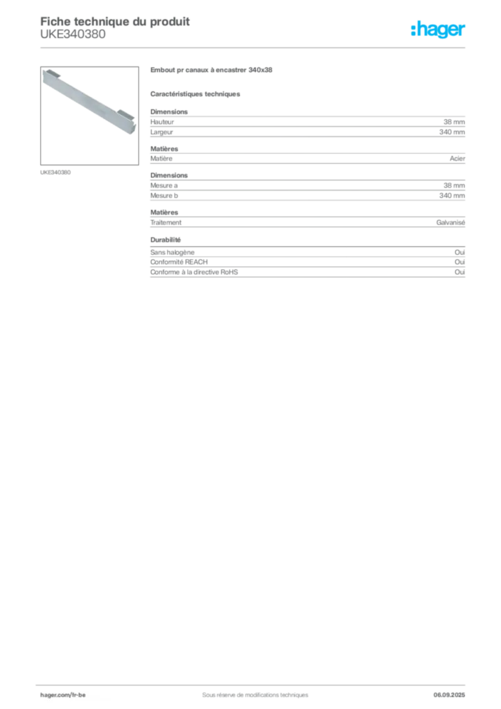 Image Hager Fiche technique du produit UKE340380 | Hager Belgique